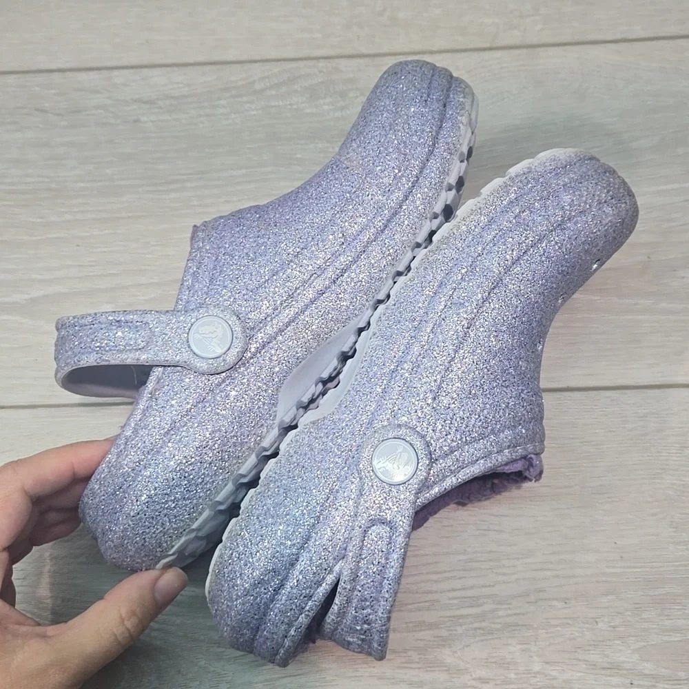 Crocs Kids Girl Glittery Purple Clogs Insulated Line Mule Shoes Sz J2